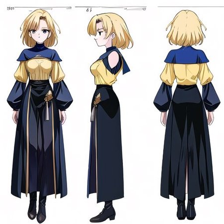 anime, blonde, very messy hair girl, gothic style, no sleeve yellow shirt, black skirt, shoulder, witch, serious face, medieval fantasy, medieval castle, wizard uniform, 1980s (style), retro artstyle, model sheet, simples bsckground, chara-sheet
