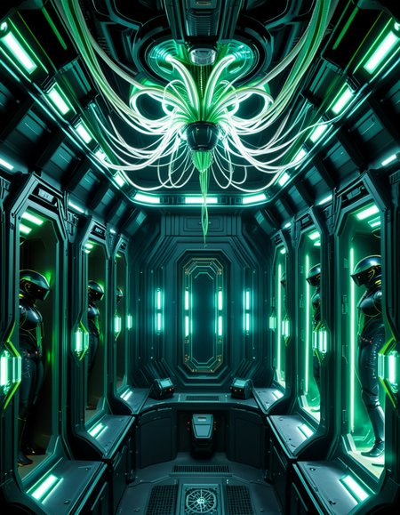 A dark, oppressive regeneration chamber deep within a Borg vessel â a biomechanical environment where drones return to recharge and interface with the collective. The chamber is dimly lit with pulsating green and white lights that flicker through dense shadows. The walls are lined with vertical alcoves, each containing a Borg drone standing motionless, plugged into the system via biomechanical tendrils, tubes, and neural interfaces embedded into their bodies.
The surfaces of the room are a fusion of metallic plating, organic texture, and cybernetic growths â as if the ship itself is alive, constantly shifting and adapting. Steam hisses softly from vents near the floor, and faint mechanical whirring echoes through the chamber. Fiber optic cables pulse with data transmissions, running across the ceiling like glowing veins. 
Above, a central neural conduit hangs like a mechanical spine from the ceiling, branching out and connecting to each alcove, feeding the collective hive mind with real-time information. The atmosphere is cold, sterile, and unnervingly silent â a place devoid of individuality, where only the will of the collective exists. There is no comfort here, only efficiency, order, and total control. 
<lora:SDXLFaeTastic2400:0.4> <lora:extremely_detailed:0.4> extremely detailed,<lora:borg_recharge_ch4mb3r:1>,borg recharge ch4mb3r, Masterpiece,best quality,hi res,8k,hi res,8k,award winning,(sharp focus, intricate, highly detailed),