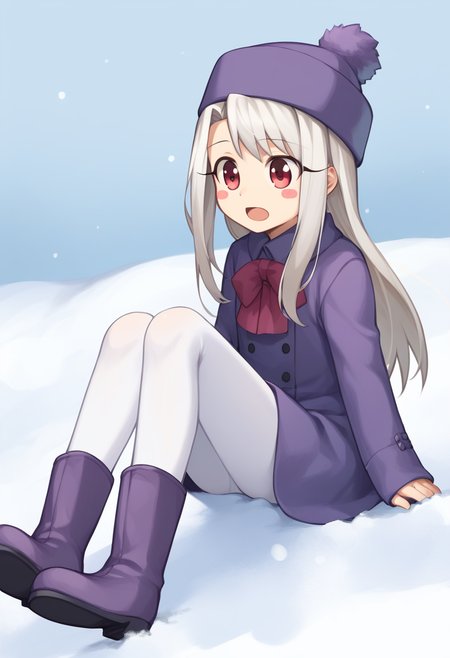 score_9,score_8_up,score_7_up,<lora:fate_zero_all:1>,1girl, character: illyasviel_von_einzbern, solo, transparent_background, sitting, blush, blush_stickers, open_mouth, grey_hair, long_hair, boots, hat, pantyhose, white_pantyhose, winter_clothes, highres, child, snow, bad_id, bad_pixiv_id, purple_hat