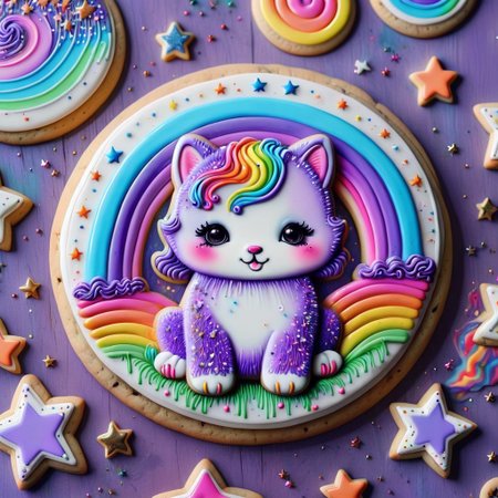 cookie art design, cookie decoration,solo cookie,(flat art),lisa frank style, 90s style, retro, cute animal, solo, shiny, sparkly, rainbow stars, rainbow, vibrant, purple