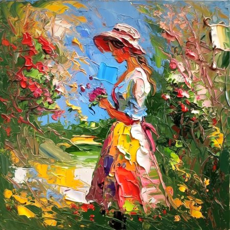 impasto girl  in garden<lora:impasto:1>