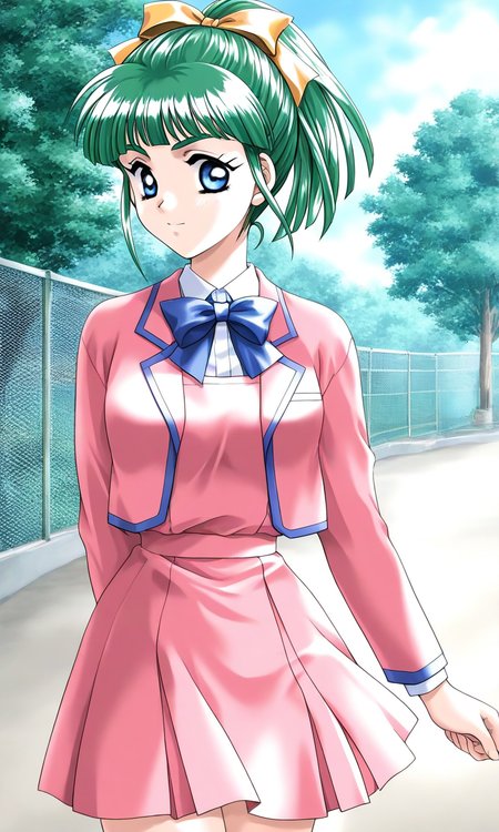 general,highres, ultra-detailed,very aesthetic,best quality ,best hands, BREAK <lora:Iijima_Miyuki_kakyuusei_Ver2.0_IS:1>
Iijima_Miyuki(kakyuusei), 1girl, solo, green hair, high ponytail, bangs, short hair, blue eyes, hair ribbon,Yellow ribbon, breasts, 
school uniform, tree, pink skirt, fence, pink blazer, pink jacket, goard skirt, blue line jacket,
arms behind back,
long sleeves, chain-link fence, 
 outdoors, bowtie, blue bow,
