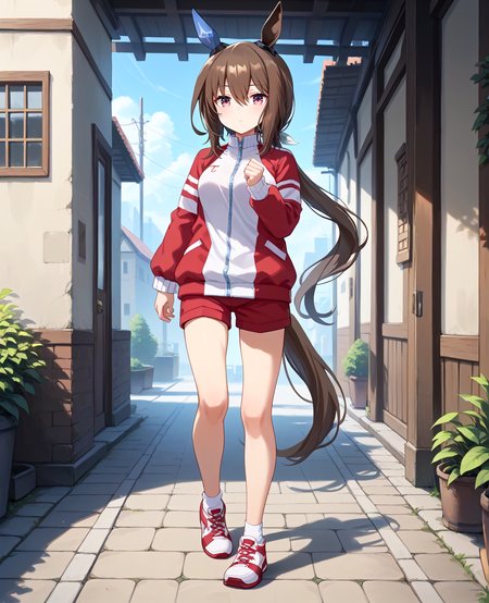 score_9, score_8_up, score_7_up, 1girl, (looking at viewer:1.2), (closed mouth:0.6), , , , (running:1.4),, (full body:1.2),
admire vega \(umamusume\),  <lora:pony_admire_vega_v1.02:1>, horse ears, horse tail, hair between eyes, low ponytail, single ear cover,
<lora:_sdxl-um-tracenjersey-pony:0.6>, red jacket, track jacket, , tracenjerseypants, red short pants,
,