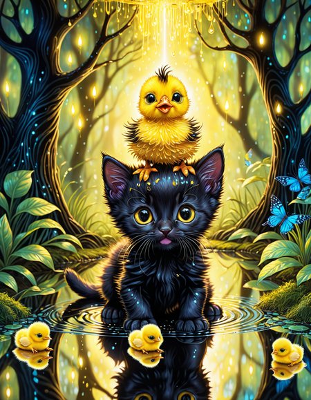 crayon artwork, sweet black kitten, intricate composition, high complexity, beautiful reflection, puddle,  glowing light, cute yellow chick on top of kitten's head, enchanted forest, detailed textures, highly detailed, professional quality