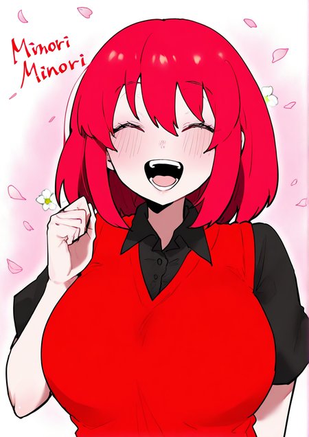 <lora:kkan:1>,1girl, kushieda minori, huge breasts, black shirt, blush, character name, closed eyes, flower, hand up, medium hair, open mouth, petals, red hair, red sweater, shirt, short-sleeved sweater, short sleeves, smile, solo, sweater, teeth, upper body,
