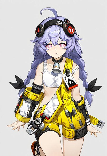 score_9, score_8_up, score_7_up, score_6_up, score_5_up, score_4_up, source_anime, solo, 1girl, 
mhk,shorts yellow, bright pupils, twintails, black bow, bare shoulders, headphones, white pupils, +_+, pink eyes, wristband, flip-flops, id card, black choker,  light purple hair, sports bra, sleeveless, white tank top, ,  low twintails hair ribbon,, red eyes, toeless footwear, arm warmers, multicolored eyes, neck bell, headset, overalls, jacket, hairband, single braid, black hairband, 
masterpiece, best quality, very aesthetic, absurdres,