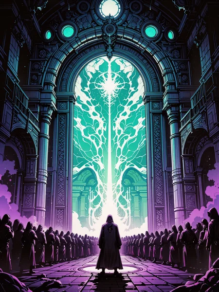 famous fantasy painting of a strange eldritch portal, archway, magic portal, a crowd of hooded robed figures gathers around the mysterious structure, highly aesthetic, high resolution, hyper realistic, 8k, 4k, low angle view, dramatic composition, epic, accurate, at night, dim lighting, beckoning, the children of the night, the spirits of the undead, and the lesser lights, now the time has come to reach out, we must heed their calls, when strange gateways beckon, obsidian black and lavender and ultramarine blue and ebony black and sea green, deadly yet beautiful, ancient temple background with ominous lighting, crawling chaos, eldritch vapors, eldritch glow, ethereal light, lovecraftian, cthulhu mythos, dvr-dm-flux, g0thicl1nes, <lora:style-dan_mumford-flux-by_dever:0.8> <lora:style-mythic_fantasy-gothic_lines-flux-by_velvets:0.88> <lora:style-retro_anime-flux-by_lizardman245:0.24> <lora:epic_gorgeous_details-balance-flux-by_flyway:0.48>