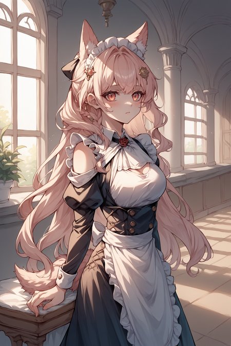 score_9, score_8_up, score_7_up, , rating_sensitive,nsfw,1girl ,pysd, animal ear fluff, side braid, wolf tail,  hair ornament, hair ribbon, collar, white ascot, maid, maid headdress, leaning towards viewer,  source_anime,    <lora:PozyomkaPDCAMEv3 AK:1>, indoors, mansion,