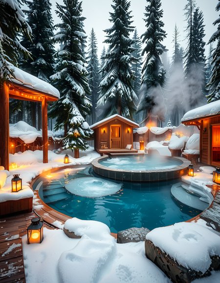 A breathtaking Nordic spa in the heart of a snowy forest, surrounded by tall evergreen trees. The scene captures a steaming outdoor hot pool with crystal-clear water, reflecting the soft glow of ambient lighting. A rustic wooden cabin with a snow-covered roof stands nearby, serving as a relaxation area. Wooden lounge chairs with neatly folded white towels are placed around the pool. A stone pathway, lightly dusted with snow, leads to the water, illuminated by warm, soft lanterns. A few people are seen enjoying the spa, some wrapped in cozy robes while others relax in the steaming water. The atmosphere is serene and tranquil, with mist rising from the hot pool, contrasting with the cold winter air. The lighting is warm and inviting, creating a perfect balance between natural beauty and luxurious comfort.
<lora:SDXLFaeTastic2400:0.4> <lora:extremely_detailed:0.4> extremely detailed, <lora:Nordic_sp4:1>,Nordic sp4, Masterpiece,best quality,hi res,8k,hi res,8k,award winning,(sharp focus, intricate, highly detailed),