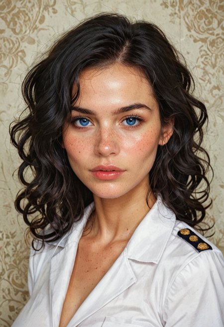 score_9, score_8_up, score_8_up, raw, 1girl,  blue eyes, wavy hair, large breasts,beautiful woman ,SajaniDG,,black hair ,seductive,white Navy uniform ,     (masterpiece) (best quality) (detailed) (8k) (HDR) (wallpaper) (cinematic lig,oil paintinghting) (sharp,zPDXL3 focus) (intricate)