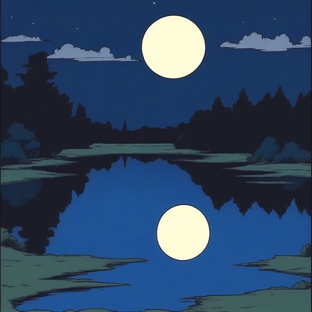 ArsMJStyle, Retro Anime Flat Colors, Stunning Landscape a Moonlit lake