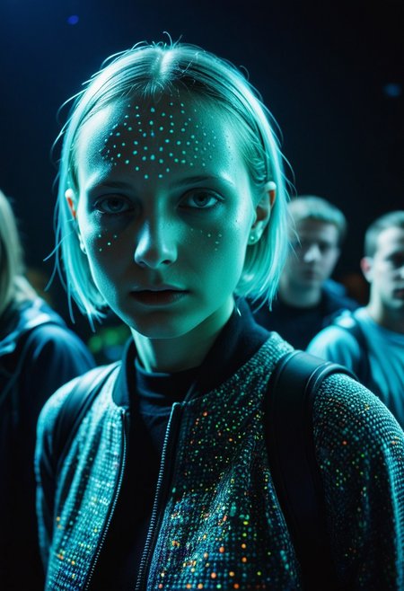 Biolumins v1, techno girl in the 90s, indoor rave in moscow, half body shot from low, color light, kodak portra 160 analog film, flash, medium format camera, shadows, ultra-wide angle, underexposed, contact test, damaged print, faded, grainy,blurry, pixelated, motion blur, vignette, add-detail-xl, GothMOONXL.
