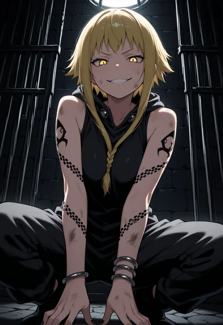 masterpiece, best quality, 1girl, solo, m3dusa, blonde hair, short hair with long locks, sidelocks, braid, , indoors, dungeon, slave, prison cell, dark, dirty, squatting, from below, yellow eyes, arm tattoo, black jumpsuit, sleeveless hoodie, hood down, bracelet, black nails, dark theme, looking at viewer, dim lighting, dark background, dark room, backlighting, evil smile, v-shaped eyebrows