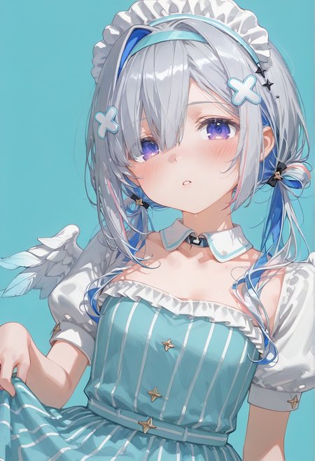 1girl,amane kanata,hololive,alternate costume,aqua background,aqua dress,aqua hairband,blue eyes,blue hair,blush,clothes lift,collarbone,colored inner hair,cross hair ornament,dress,dress lift,flat chest,frilled dress,frills,grey hair,hair ornament,hairband,head tilt,headdress,lifting own clothes,long hair,looking at viewer,low twintails,multicolored hair,official alternate hair length,official alternate hairstyle,parted lips,puffy sleeves,short sleeves,simple background,solo,striped clothes,striped dress,twintails,two-tone dress,vertical-striped clothes,vertical-striped dress,virtual youtuber,white headdress,white sleeves,wings,angel wings,detached collar,hair over one eye,blue background,puffy short sleeve sleeve cuffs,feathered wing <lora:CunnyFunkyXL_NB11_lokr_V6311P:0.95>
