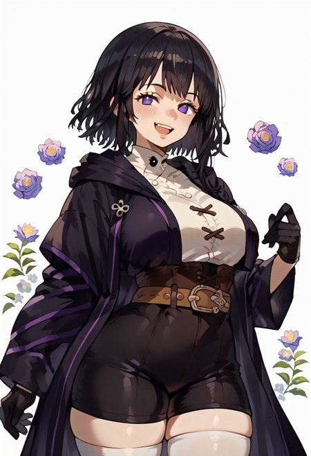 score_9. score_8_up. score_7_up. score_6_up. score_5_up. score_4_up, source_anime, 1girl, solo, calm, smile, smirk, seductive, squinted eyes, blushing, open mouth, 1girl, very_massive breasts, wide hips, thin waist, thick thighs, morgan_(female)_(fire_emblem), black hair, medium hair, bangs, purple eyes, purple robe, black robe, hooded robe, open robe, brown corset, white shirt, black shorts, black gloves, (((brown belt))), white stockings, cowboy shot, white background, <lora:ebora-Style-PonyXL-GLoRA-000049:1>, there is a lack of fire