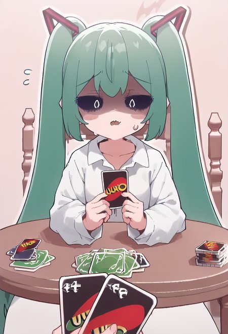 (score_9, score_8_up, score_7_up) BREAK source_anime, absurdres
1girl, twintails, green hair
sleeves past wrists, white shirt, collared shirt
shiny skin
looking at viewer, holding card, pov, playing card, table, surprised, !, shaded face, sweat, fang
<lora:Smooth Anime Style LoRA XL:0.32> , <lora:Expressive_H:0.3> , <lora:princess_xl_v2:0.35>,  <lora:nunumiku.pony:1> nunumiku, aaa
<lora:ImminentUnoLossMeme_pdxl_Incrs_v1:0.45>,  <lora:D1zzysp3llsXLP:1>  d1zzysp3lls