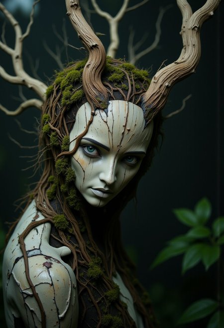 rootform, extreme head Closeup, a smiling pristine white birch tree knightess with billowing Hair Made of branches with Green leafs and an lower Body Made of roots coming from the ground, Mossy birch Forest, intricate black and White birch bark, atmospheric backlight, Piercing Look at viewer, vibrant light-blue eyes