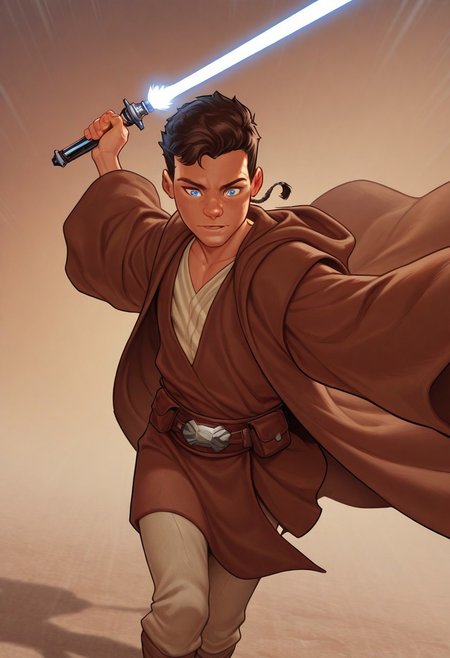 masterpiece, absurdres, high quality, perfect anatomy, 1boy, solo, cute boy, male focus, jedi robe, Caleb Dume, Brown Hair, Padawan Braid, Blue Eyes, Brown Robe, Brown Tunic, Tan Shirt, Belt, Tan Pants, holding a lightsaber, blue lightsaber, cinematic, intricately detailed illustration, depth of field, masterpiece, best quality, amazing quality, very aesthetic, absurdres, newest, very awa,  shadow, dynamic angle, casual cosplay, skinny, toned, dynamic pose,