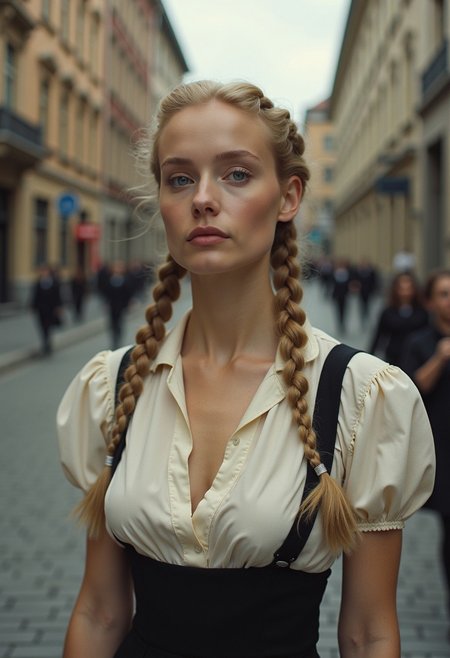 random fullbody color photograph of buxom german woman looking on the street, traditionally braided blonde hair, (((in 1940s  Berlin))), tight blouse, natural skin texture, detailed face, sad, steadfast, proud, big breast, hot summer, 24mm, 4k textures, soft cinematic light, adobe lightroom, photolab, hdr, intricate, highly detailed, sharp focus, ((((cinematic look)))), soothing tones, insane details, intricate details, hyperdetailed, low contrast, soft cinematic light, dim colors, exposure blend, hdr, faded, red flags