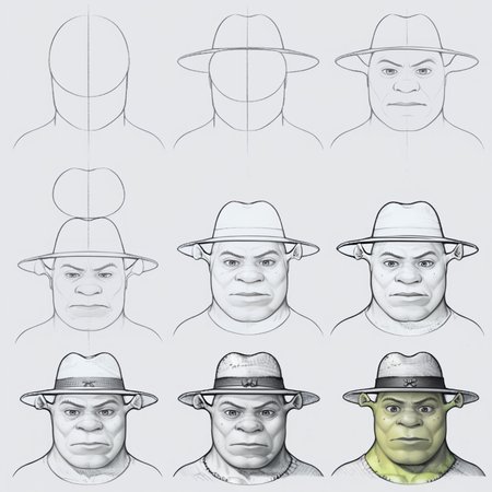 score_9, score_8_up, score_7_up BREAK,  <lora:How_to_draw_step_by_step_2:1> howtodraw, x steps, greyscale, colored final touch,   <lora:Shrek_XLPD:1> shrek, green skin, 1boy, fedora,