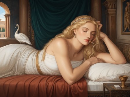 (masterpiece, best quality, highly detailed, realistic), professional portrait of preraph as leda smoking a cigarette while lying in bed with a swan, (((eyes closed))), ancient rome, roman villa interior background, long blond hair,  facing the viewer, very close up,
<lora:Pre-Raphaelite_Model_SDXL:1> preraph