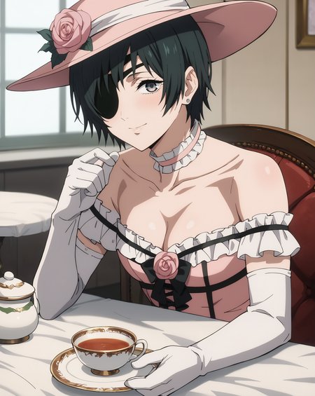 score_9,score_8_up,score_7_up,best quality, 4k, rating_safe, very aesthetic, source_anime,
1girl,
<lora:Himen01XL_Pony_v1:1> h1m3n0, black hair, short hair, eye patch, solo, emotional expression, seductive, collarbone, large breast, cleavage,
  <lora:Ciel_Phantomhive:0.65>, flower,choker,hat,pink cloth, pink headwear,dress,frills,crossdressing,bare shoulders,rose,elbow gloves,earrings, sitting,
tea table, tea pot, tea cpu, drinking tea,
