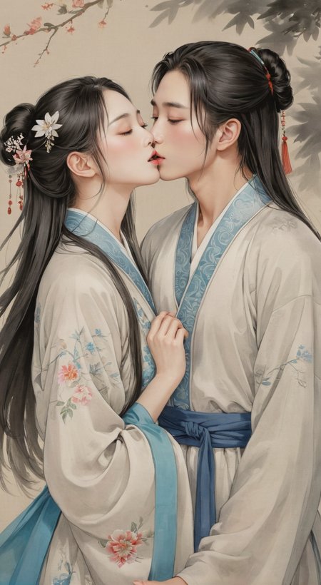 masterpiece,best quality,highly detailed,sharp focus,dynamic lighting,vivid colors,texture detail,particle effects,storytelling elements,narrative flair,16k,HDR,subject-background isolation,2D,(Authentic skin texture:1.3),traditional chinese ink painting,1 perfect face girl BREAK 1 handsome face boy,the boy have a long hair,they all are weared (white:1.2) chinese traditional (transparent:1.2)_clothing,they all closed eyes,the boy was stand up at  same height level side of  the girl,the boy's hand is holding the (girl's big chest:1.3),(the boy is (kissing:1.8) the girl:1.7),Stick out tongue,Drooling,(they are looked at each other:1.4),background is sea,ink,
