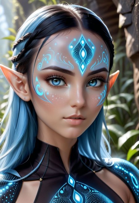 blue humanoid avatar with bioluminescent avatar markings dots and patterns on their skin. Pointed elf ears. avatar like hair, hair colour black, sparkling glowing blue eyes, slightly shimmery iridescent blue skin. female, warrior like, magical and mystical, detailed and realistic. Only blue skin tone. Only blue coloured skin. Skin colour all blue.
