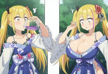 <lora:Breast_expansion:0.9> (breast expansion:1.2), (motion lines:1.2),  multiple views, flat chest/huge breasts,        (cleavage:1.2), bra showing,   <lora:Sara de Odin:1> sara de odin, blonde_hair, long_hair, 1girl, multicolored_hair, twintails, streaked_hair, pink_hair, hair_ornament, yellow_eyes, bangs,      japanese_clothes, kimono, (ripped clothes:1.1)  ,chugging, drinking, spilling, drinking a purple potion at school,  head tilted back, surprised  <lora:drinking_chugging_pony-adam-cosine-8x4-4x1-cs1:0.5>, score_9, score_8_up, score_7_up, , anime coloring ,BREAK source_anime, anime