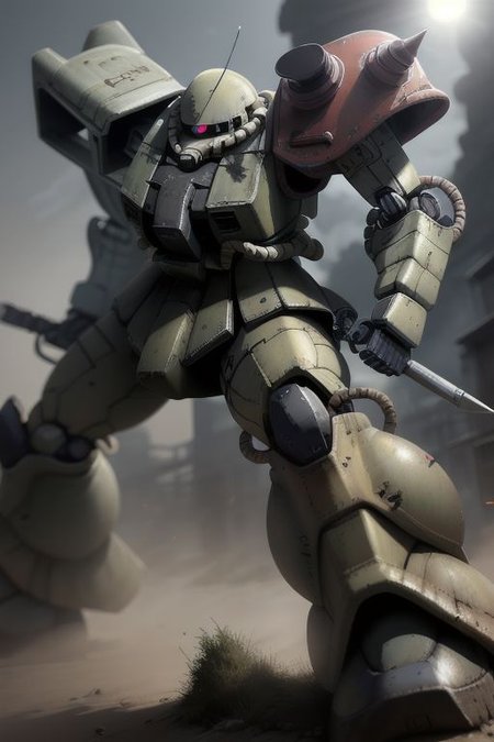 score_9, score_8_up, score_7_up, 8k, very detailed, dynamic angles, unique angles, Zaku /grey armor panels, one-eyed, glowing eye, fighting stance/, action shot, mecha, robot, science fiction, zeon, holding weapon, (sharp:1.2), (detailed:1.2), (best quality:1.2), (best resolution:1.2), (dramatic lighting), ((realistic)), industrial background