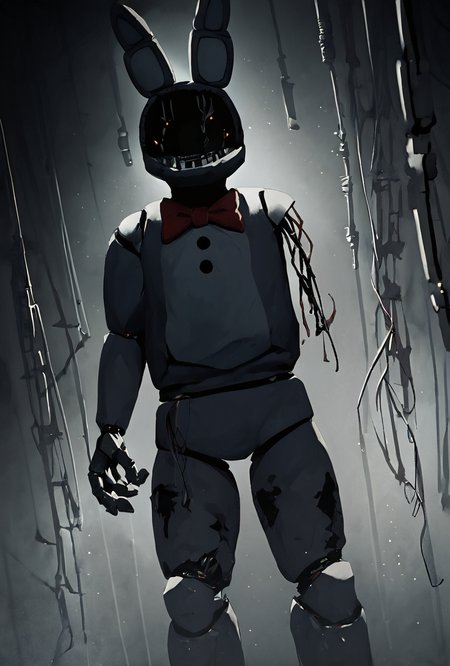 score_9, score_8_up, score_7_up , <lora:withbon-10:1> withbon, ((missing arm, amputated arm, wires ))no humans, bow, rabbit ears,, robot, Ultra realistic, high detail, highres,  zPDXL3 , black walls, black background, dutch_angle, tilted angle, tilted view, angle       <lora:insh4d0:0.8> insh4d0,