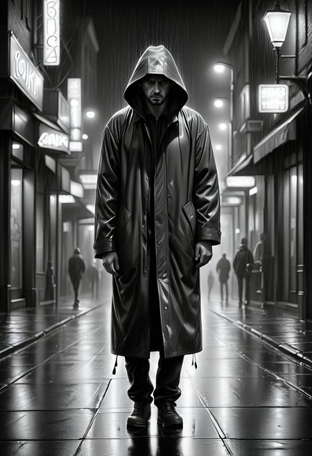 Jed-Pen,
A solitary figure walks down a dimly lit city street, rain pouring heavily as neon lights reflect off the wet pavement. Their face is obscured by the hood of a coat, but the weight of sadness lingers in their posture.
