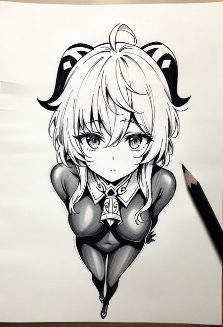 masterpiece,best quality,highres,intricate details,4k,stunning,detailed face,1 woman,ganyu,bleach,black_bodystocking,no suit,walking on the street,full_shot,from_above,depth of field,<lora:perfect-eyes:1>,looking at viewer,
simple background, background white sheet of paper, 
monochrome, greyscale, traditional media,  petting, drawn with pencil, sketch, detailed lines, 
sketch, manga page, manga style ,
pencil sketch style, soft shading, soft delicate features,