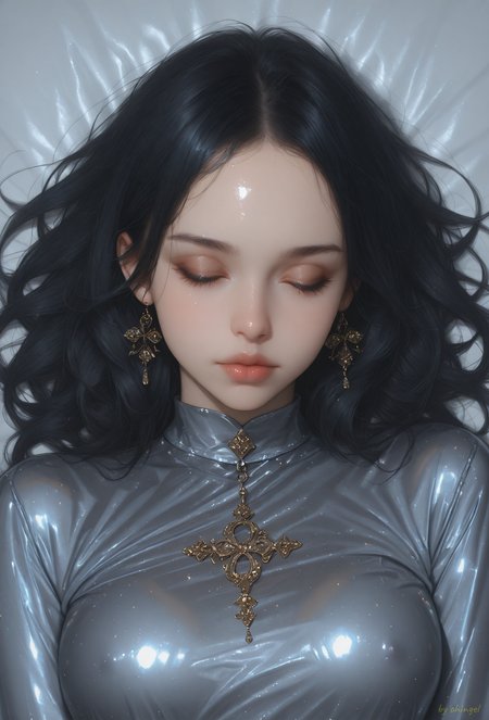score_9, score_8_up, score_7_up,
best quality,masterpiece,highres,Highly detailed,realistic skin texture, detailed picture,UHD,32k,

rating_explicit,

This is a digital artwork featuring a young woman with a light olive skin tone and long, flowing black hair. She is lying on a bed of shimmering, reflective metallic fabric that resembles a shiny, metallic fabric. The fabric is predominantly a mix of blue and gold hues, with occasional sparkles and reflections adding depth and texture. The woman is draped in the fabric, with her head and shoulders partially covered, creating a sense of intimacy and vulnerability. Her expression is contemplative, with her eyes slightly closed and a thoughtful, almost melancholic look on her face. Her right hand is resting on her forehead, and her left arm is bent, with her hand resting on the fabric beside her. The background is dark and indistinct, focusing all attention on the woman and the fabric. The lighting is soft and diffused, casting gentle shadows that enhance the texture and depth of the metallic fabric. The overall style of the artwork is realistic, with a high level of detail and a focus on texture and light.