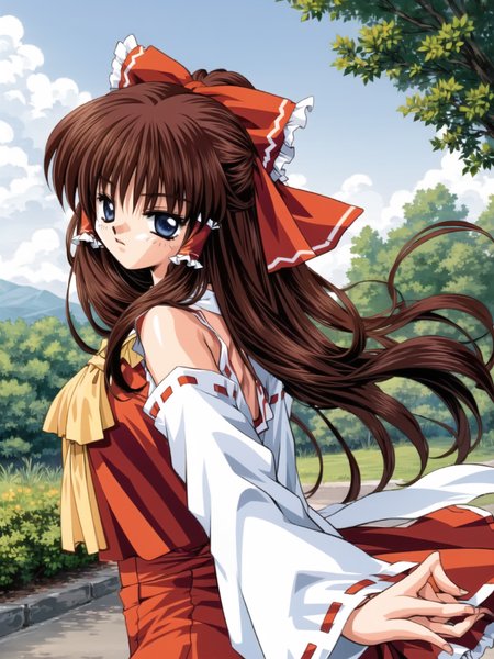 tachi-e, 

hakurei reimu, hakurei reimu \(cosplay\), 

<lora:moon-v2:1.0>

cowboy shot, dynamic pose,