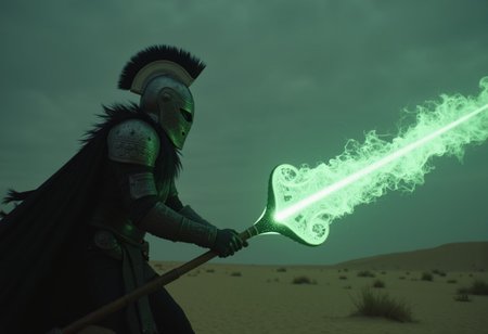 A dark fantasy action scene 6k movie stil-shot captures a dark, menacing towering 'warforged'  knight in the heat of an intense, action-packed battle, reminiscent cinematic movie-still-shot using 6k dragon red camera. The knight’s intricately designed, battle-worn helmet reflects the eerie magical, ethereal glow of its weapon—a massive, glowing glaive. The blade crackles with dark energy, gathering ominously at its edge, where a glowing orb of faded pale green light pulses with immense, destructive power. This energy radiates along the glaive's handle, casting a glow that is reflected by the knight’s helmet and armor, creating stark contrasts between light and deep shadows. Wielding the glaive with both hands, the 'warforged' knight is fully focused on offense, the glow of its weapon only amplifying the surreal nature of the battle. The glow from the blade accentuates the intricate details of its armor, casting long shadows that flicker across the lone desert battlefield amidst the wilds.