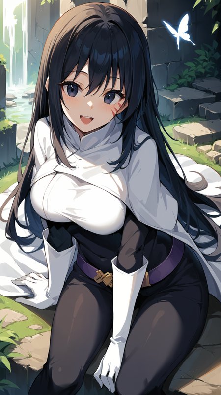 score_9,score_8_up,score_7_up,score_6_up, source_anime, zPDXL3, <lora:xl_more_art-full_v1:0.5>, girl, dynamic pose, butterfly sitting, <lora:Shizue Izawa - Pony-000004:0.8>, white shirt, white cape, black pants, long hair, black hair, dark blue eyes, white gloves, face markings, purple belt,   lush nature, stone ruins, overgrown, happy,