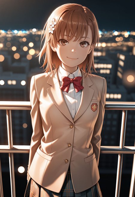 masterpiece,amazing quality,best quality,ultra-detailed,8K,illustration, amazing quality, newest, absurdres, realistic, (monochrome:0.8), hatching \(texture\), vivid color ,perfect body, perfect face, rim lighting,, ,from front,against railing,depth of field,blurry background,cityscape,bokeh, smile, face focus, looking at viewer,
 <lora:Misaka Mikoto :1> 1girl, brown hair, brown eyes, medium hair, hair flower, tokiwadai school uniform, winter uniform, red bowtie, brown jacket, plaid skirt, white shirt, blazer, pleated skirt, closed mouth, hairpin, collared shirt, long sleeves, miniskirt, dress shirt,
