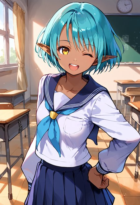 score_9, score_8_up, score_7_up, source_anime BREAK 1girl, solo, stgl_luca, pointy ears, dark-skinned female, school uniform, serafuku, aqua hair, short hair, yellow eyes, looking at viewer, smile, one eye closed, open mouth, hand on hip, classroom, evening <lora:stgl_luca:1>
