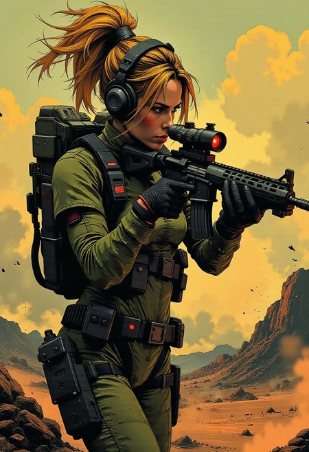 In the style of ff-td, nistyle, Silhouette Art, magnificent, Inkplash art on rice paper, sepia, henna , masterpiece, best quality,high quality, newest, highres,8K,HDR,absurdres, female space marine, loose blonde hair with dark highlights, aiming sniper rifle, aiming at target, red laser sight, power armour, high-tech scope, arid battlefield, focused, determined expression, dynamic pose, cinematic shot, dutch angle