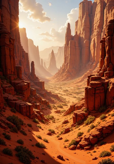 Sunlit desert expanse and craggy mountain splendor, vibrant golden light, intricate sandstone textures, dramatic low-angle perspective, detailed rock formations and winding canyon trails, atmospheric clarity, crisp spatial composition, dynamic tracking view, rich warm hues and subtle gradients, hyperrealistic 8k masterpiece, exquisite natural textures, immersive ambiance, elaborate interplay of light and shadow, deep textured valleys and rugged peaks, elegant composition, reflective serene mood, masterful interplay of environment and perspective, sweeping aerial overview combined with intimate close-up details <lora:FluxDFaeTasticDetails:0.7> <lora:Anime realistic V2:0.4> <lora:reedy-art-style:0.3> <lora:MushyFunk:0.3> <lora:flux_dev:1>