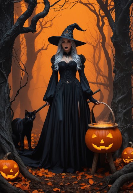 safe_pos, horror-themed Image of a witch in an intricate and terrifying forest, black trees with intricate branches. The witch is in the middle of the forest with a huge cauldron with luminous orange steam coming out of it. On the ground, next to the witch a giant Halloween pumpkin on which sits a black cat. Night, night atmosphere, horror, halloween, close-up  
((((full-clothed)))),
BREAK 
score_9, score_8_up, score_7_up, score_6_up, source_cartoon, rating_explicit, Expressiveh,
 (8k uhd:1,4)
(((full-clothed))),
<lora:DandonFuga_Style_v.2_-_Pony:0.8>
<lora:Expressive_H:0.4>,<lora:EnvyPonySoftBeauty01:0.4>, <lora:detailed_notrigger:2>