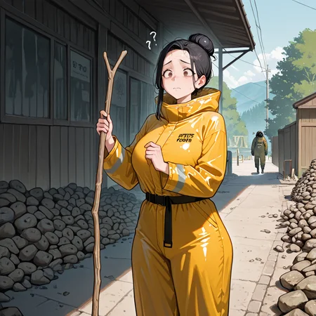 masterpiece, best quality, amazing quality, very aesthetic, absurdres, newest,
 <lora:Catherine_Fellatrix:1> cath, 1girl, mature female, black hair, brown eyes,
looing away, stick, and stones, but are they bad too TOS sama? holding, motion lines, scared, dynamic, outdoors, vastly overdressed, too many clothes, bruh, you know, imagine every clothing you own being worn by you at the same time, a fucking hazmat suit, bro, i dunno, just cover up!, and if you are voluptuous go and fucking lose weight I guess, this platform hates you, and your curves, that's right. Naturally thicc? We hate you for it! Fuck off!