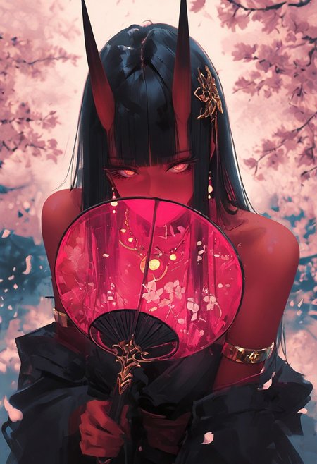 masterpiece, best quality, amazing quality, 1girl, hair ornament, 
wlop, nhl-001, limited palette, realistic 
 8K, illustrating, CG, detailed-eyes, detailed background, cute girl, eyelashes, lowlight
BREAK
sexy, slutty, hot, aroused, 
BREAK
detailed background, eyelashes, erotic, looking seductive, coy. dynamic action image, detailed face, detailed eyes, direct mesmerizing gaze, 
BREAK
(EyesHD:1.2), (4k,8k,Ultra HD), masterpiece, best quality, ultra-detailed, very aesthetic, sharp focus, depth of field, ray tracing, best lighting, detailed illustration, detailed background, cinematic, beautiful face, beautiful eyes,
BREAK
hair ornament, jewelry, earrings, necklace, collar, armlet, glowing, looking at viewer, eyelashes
BREAK
Aka-Oni, oni, colored skin, red skin, straight horns, 
BREAK
kimono, black hair, long hair, holding fan, covering mouth, dynamic pose, cherry blossom, bare shoulder, looking at viewer, petals falling, translucent fan,