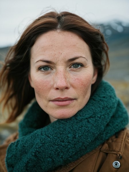 a 45yr old Scandinavian women, (spring day|arctic alpine tundra) background, RAW photo, editorial photograph, film stock photograph, cinematic, (tensed), Intricate, Freckles, soft focus. 8k, highly detailed, detailed skin texture, natural skin texture, detailed cloth texture, perfect eyes, detailed eyes, (high quality, best quality:1.3), Extremely high-resolution, amateur photo, Fujifilm Superia Premium 400, Nikon D850 film stock photograph Kodak Portra 400 camera f1.6 lens, 8k, UHD