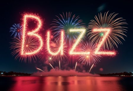 A spectacular nighttime sky filled with vibrant fireworks bursting in a choreographed display. The colorful explosions form the word 'Buzz' in the air, with each letter illuminated in a mix of bright hues—red, blue, green, and gold. The surrounding sky is dark and clear, dotted with a few faint stars. The perspective captures the grandeur of the scene, with the fireworks reflecting off a calm body of water below. The setting feels celebratory and magical, with the word 'Buzz' standing out prominently in the sky, glowing with radiant energy.