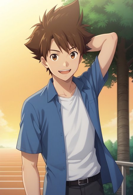 score_9, score_8_up, score_7_up, source_anime, highly detailed, 
taikizu, 1boy, brown hair, male focus, brown eyes, shirt, solo, smile, open mouth, white shirt, open clothes,
upper body, looking at viewer, orange background, :d, arm behind head, blue shirt, short sleeves,
teeth, spiked hair, open shirt,
outdoor, sky, tree