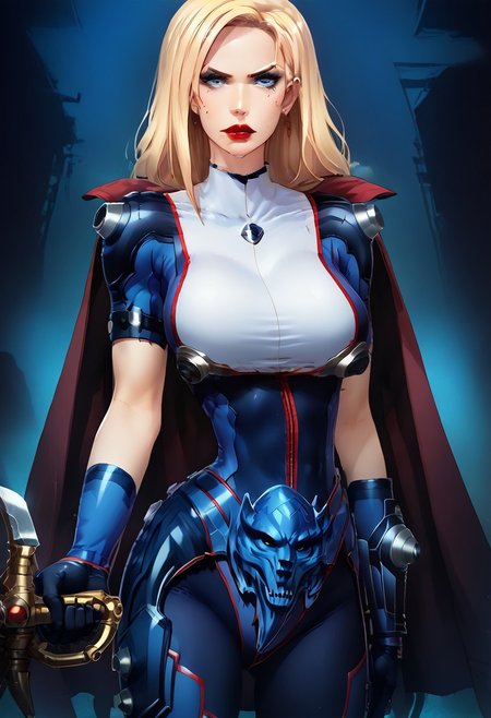 MILF, 32 years old, blonde hair, black leather vampire cape, large saggy breasts, sloppy wavy hair, sexy red boots, revealing outfit, red lips, mascara, eyelashes, hourglass figure, strong, big blue eyes, seductive, mature female, m1lfm3t3r, anezaki mamori, masterpiece, highest quality, realistic skin texture:1.5, high, tear shaped boobs, drow ranger, drow ranger \(dota2\), Masterpiece, 32k, photorealistic:1.4, score_9, score_8_up, score_7_up, small waist, wide hips, high cheekbones, oval face, slim waist, wide hips, thick thighs, full hips, DARK SIDE \(PICTURE BOOK\), NO FACE, colorful background, vivid colors, volumetric light, cinematic light, extremely detailed, bgbrda, top, bodysuit, helmet, armlet, bracelet, gloves, chainmail, skirt, boots, holding weapon, holding rod, dynamic pose. eminatristan.