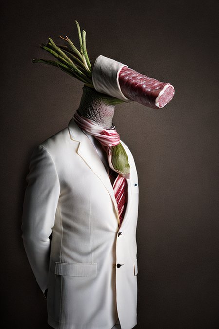 a photo of a (salami:1.2) wearing a white suit,  <lora:dressedAnimalsLora_v10:1>