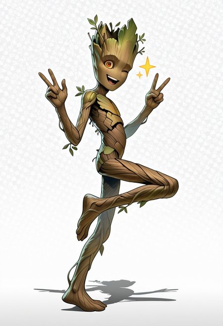 masterpiece, absurdres, amazing quality, extremely detailed, very aesthetic, solo, male, from side, looking at viewer, 
Groot2, young, skinny, made of wood, amber eyes, brown bark skin, leaf, (no nose:1.15), alien, flora fauna, plant boy, looking at viewer, smile, open mouth, teeth, foot up, standing on one leg, cocked hip, hand up, v sign, one eye closed, winking, full body, perfect hands, 5 fingers, twink, star, sparkle, big eyes, 
psychedelic background, science fiction, hologram, pattern background, shadow,  perfect lighting, WaiIL25PosC